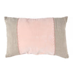 Decorative cushion cover with pink velvet and beige natural liner block design on a white background