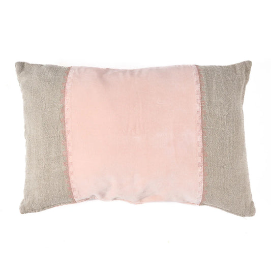 Decorative cushion cover with pink velvet and beige natural liner block design on a white background