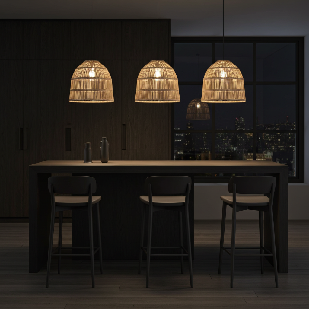 Modern kitchen island with three woven rattan pendant lights in a dark setting.