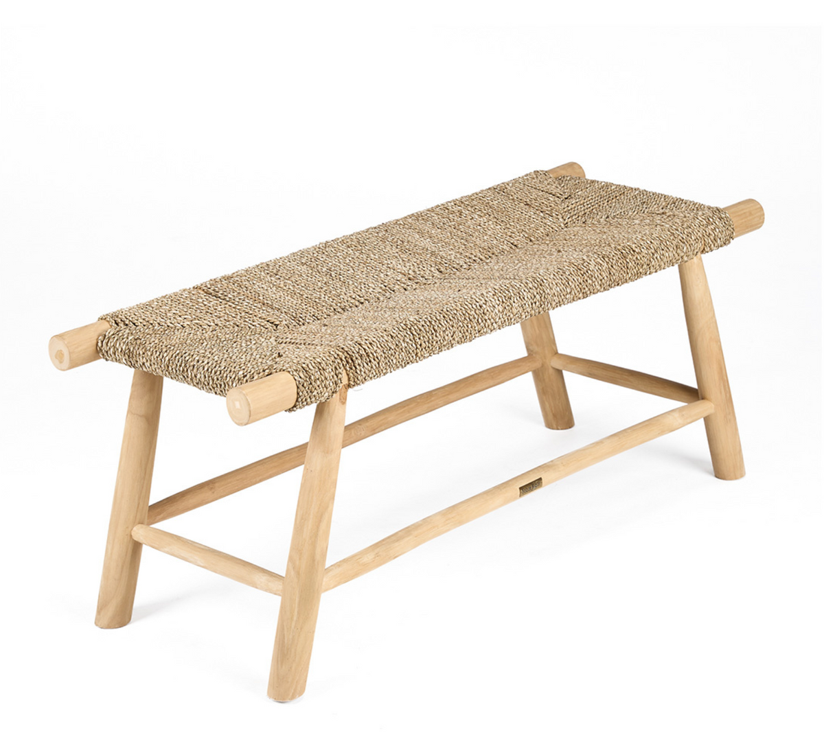 Wooden bench with woven seagrass seat on a white background