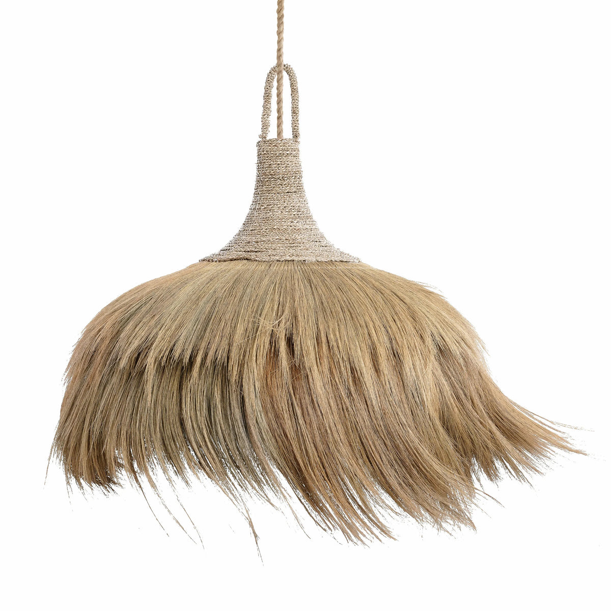 Pendant light with natural fiber shade and rope rattan