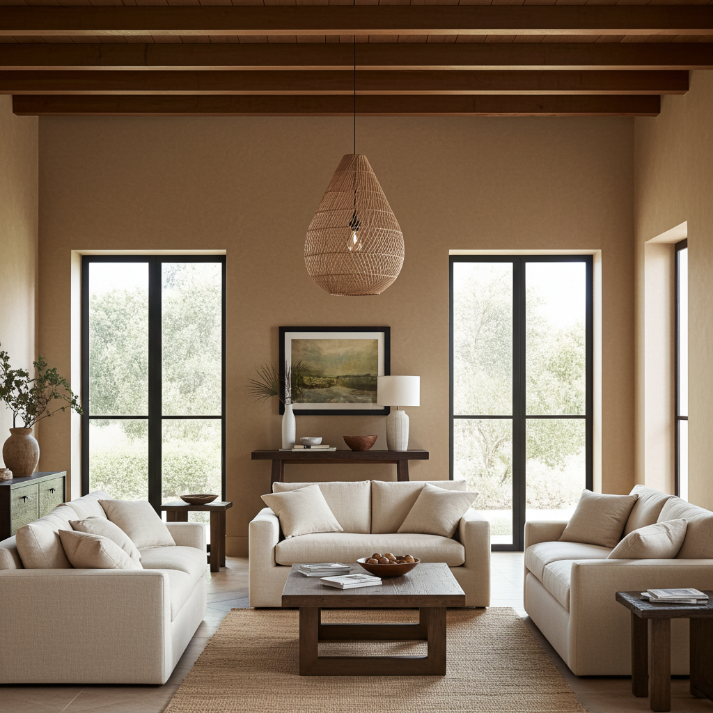 Interior design trend  living room with beige sofas, a wooden coffee table, and a large rattan pendant light.