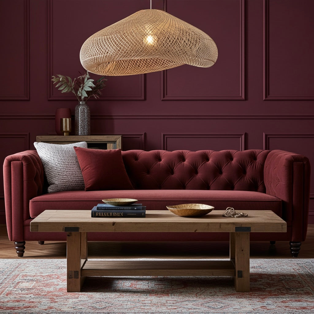 Extra Large Rattan Pendant Light over Maroon velvet sofa with wooden coffee table and decorative items in a room with dark purple walls.