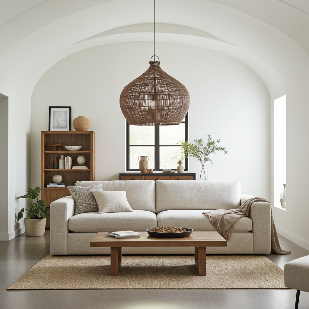 Rattan large light shade modern living room with a white sofa, wooden coffee table, and wicker pendant light.