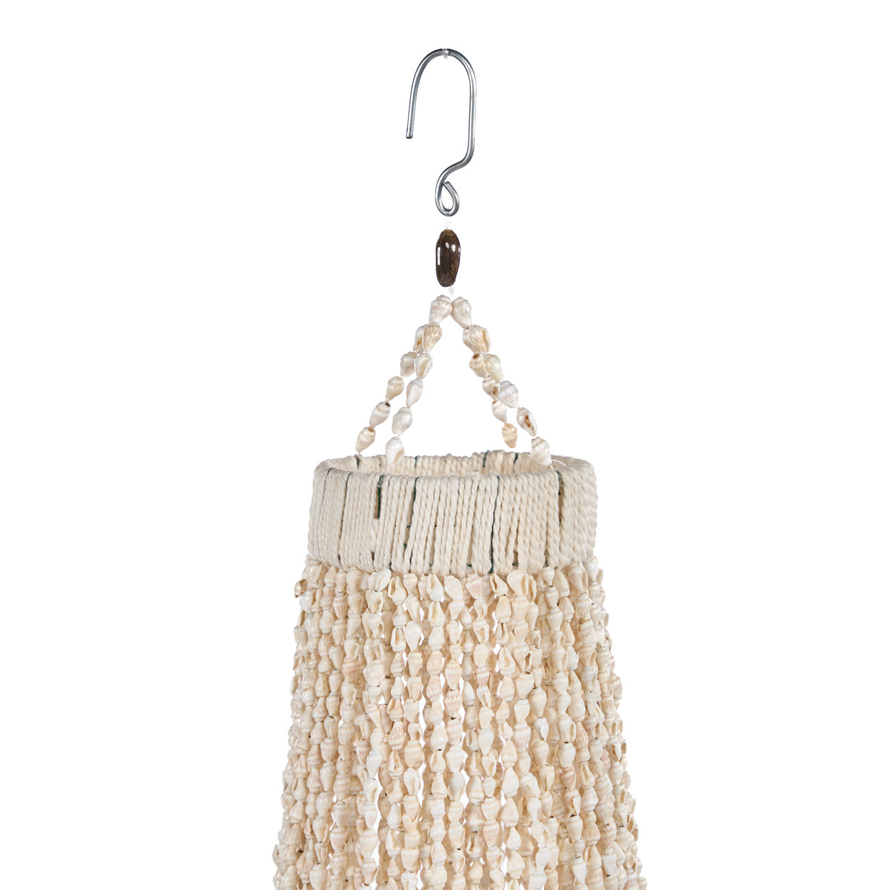 Handmade Shell chandelier pendant light with a metal hook on a white background