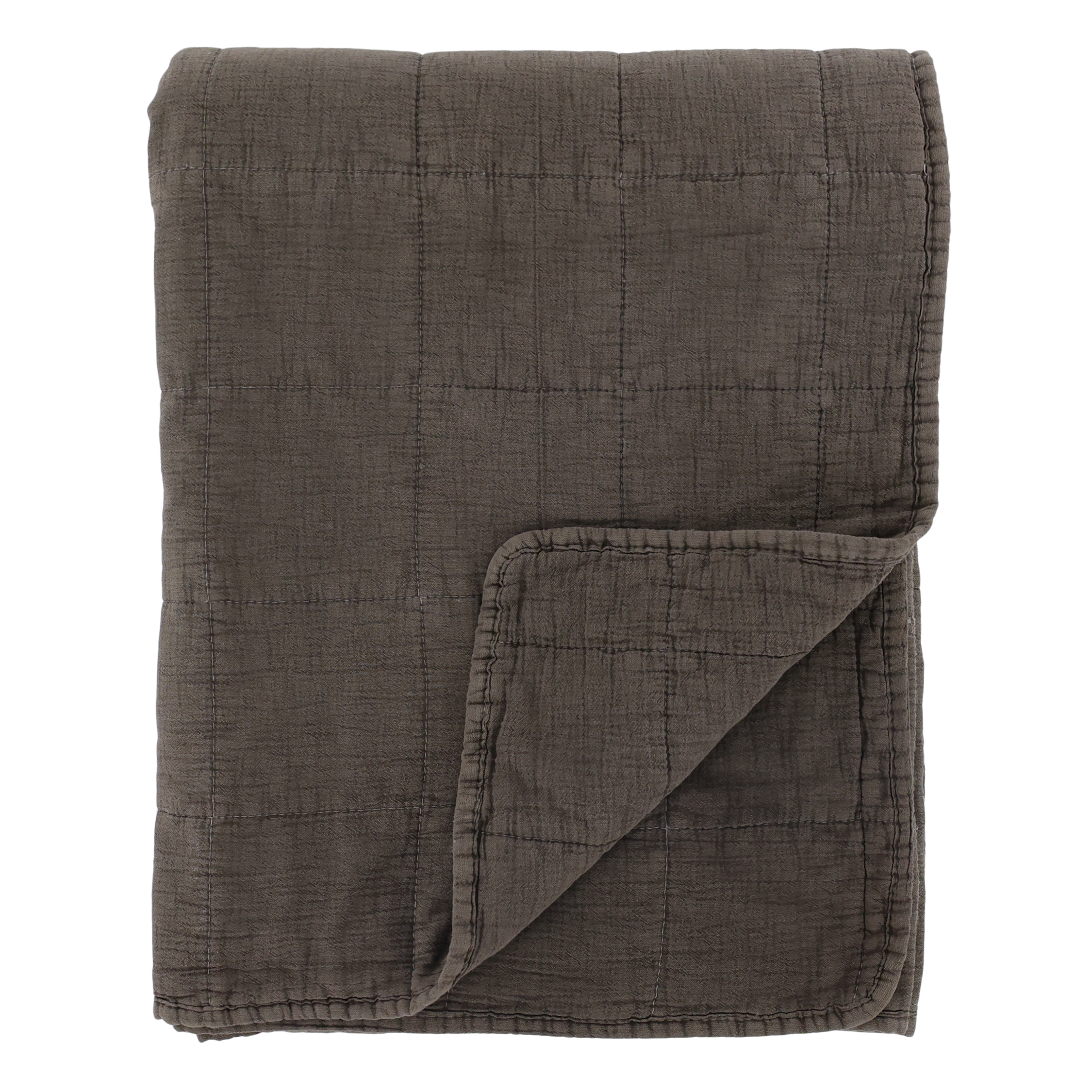 Folded dark lightweight brown quilt on a white background