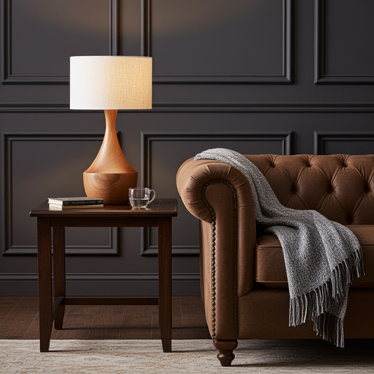 Teak Table Lamp - Linen-Lighting-Flo &amp; Joe