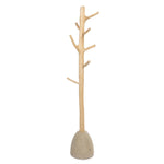 tall Wooden coat rack with concrete base on a white background