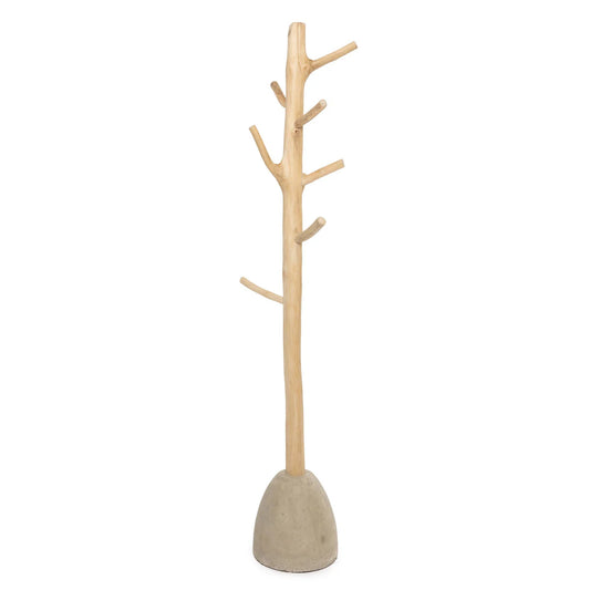 tall Wooden coat rack with concrete base on a white background
