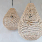 A large Natural rattan Pendant Light in teardrop shape hanging with a smaller one- Flo & Joe