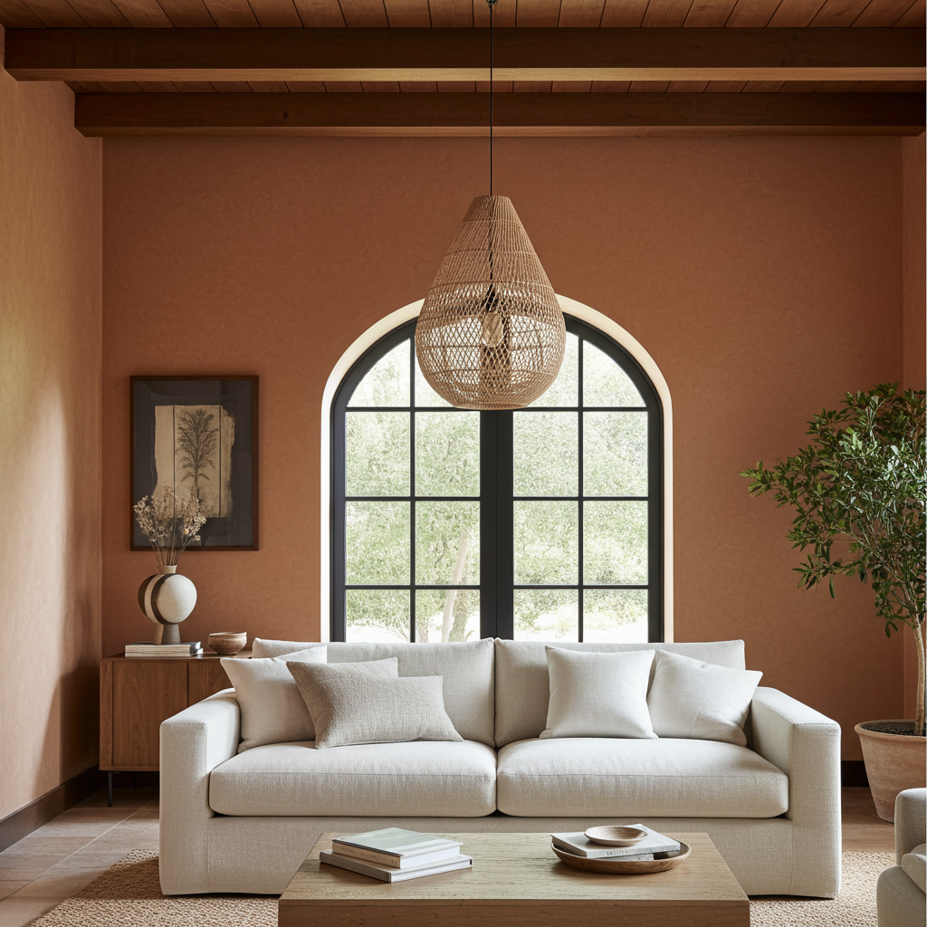 Living room with a beige sofa, coffee table, large rattan ceiling pendant light
