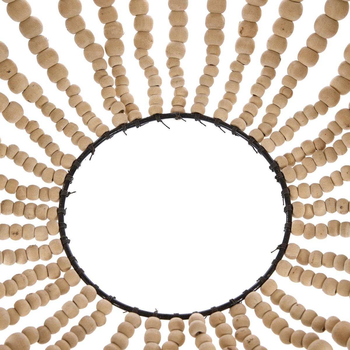 Close up of a decorative wooden beaded chandelier on a white background