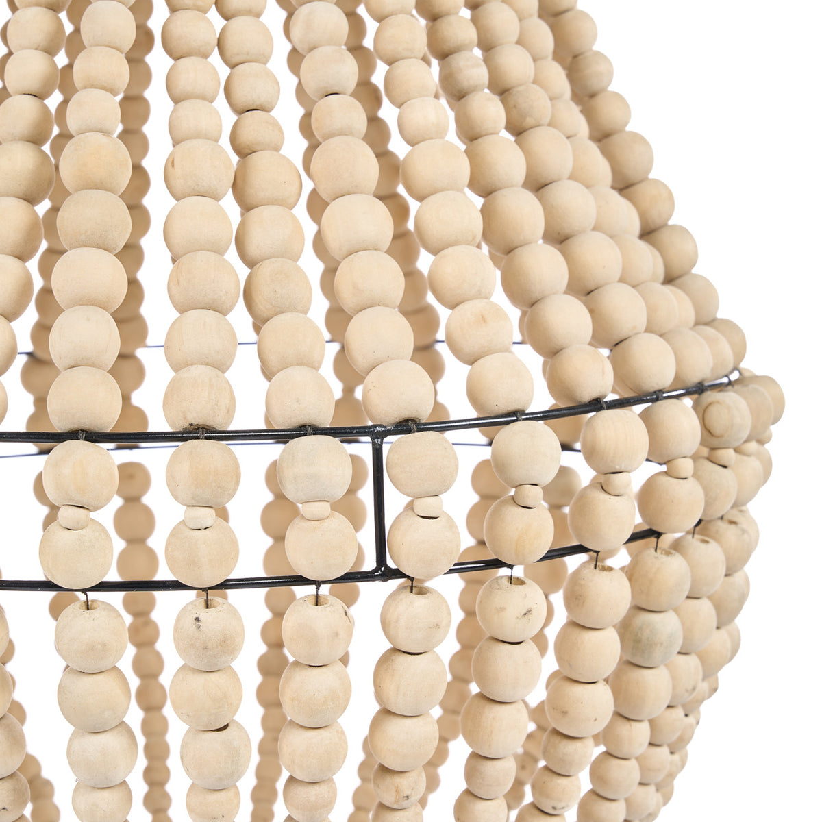 Close up of a wooden beaded chandelier on a white background