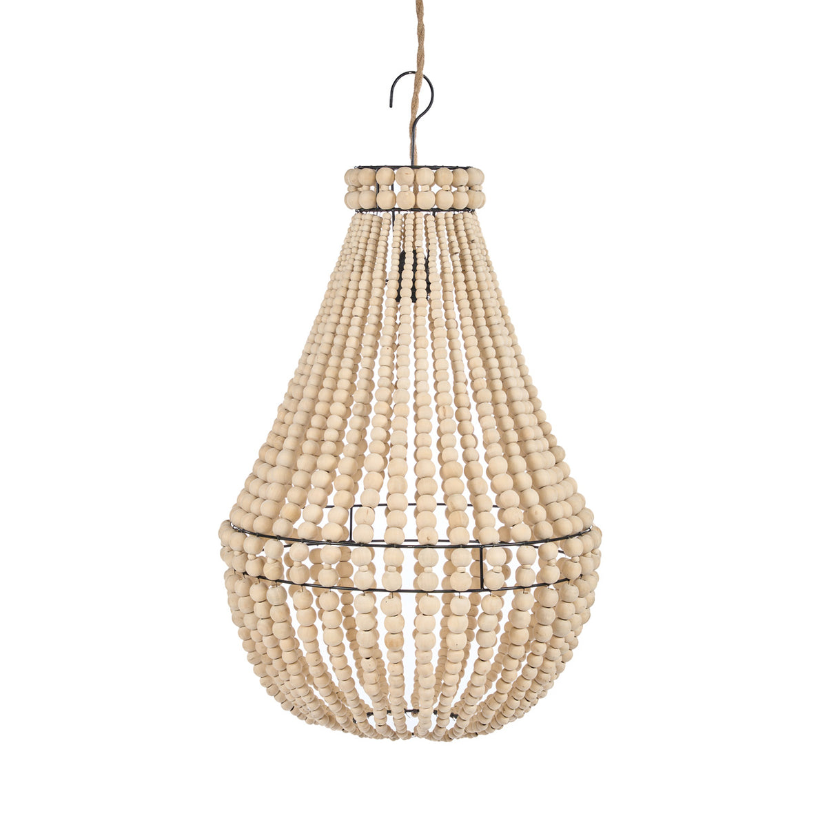 Wooden beaded chandelier on a white background