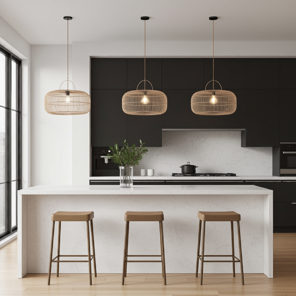 Round wicker rattan pendant lights over kitchen island