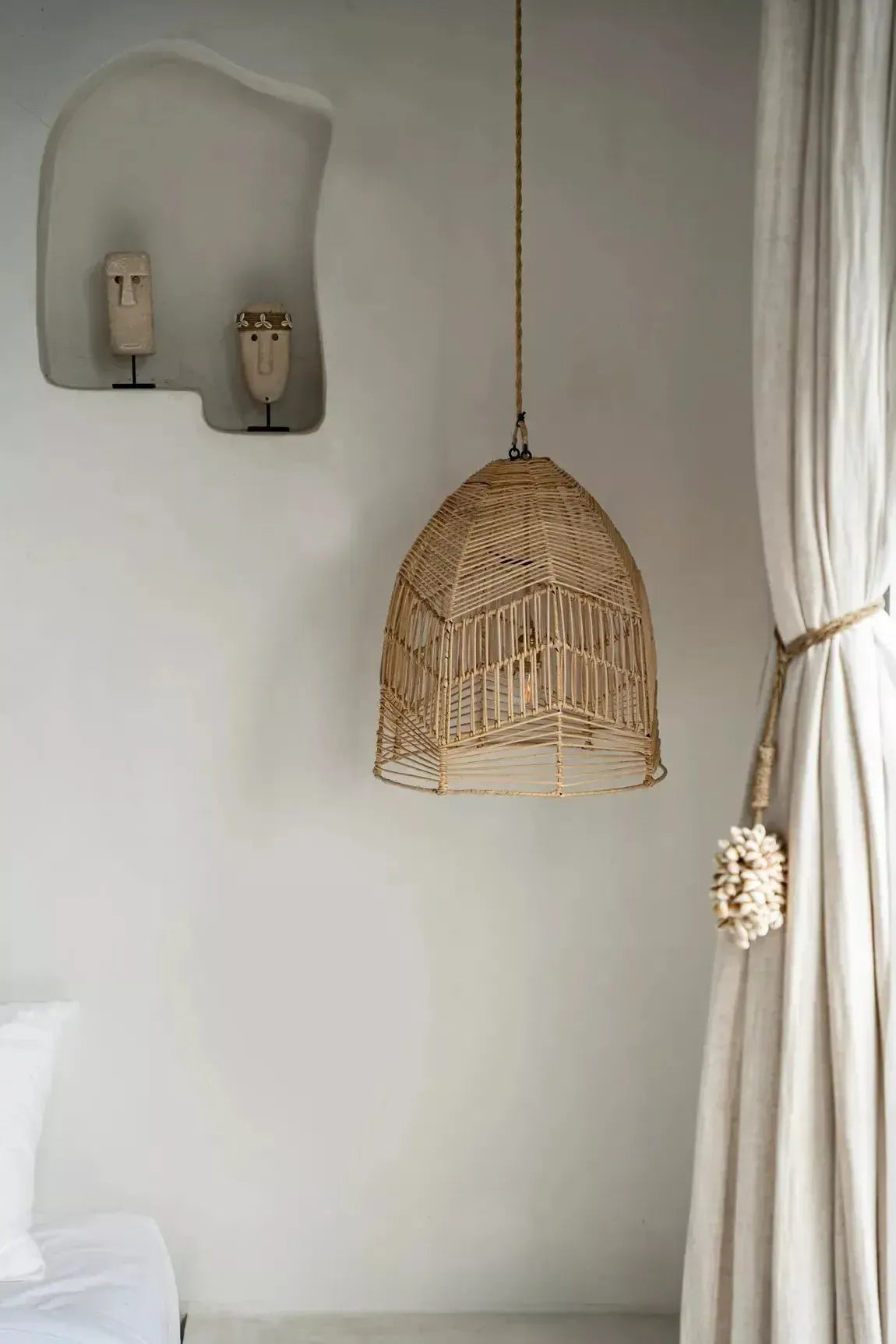 Rattan  pendant  light shade in a neutral bedroom   natural   50cm  flo & joe
