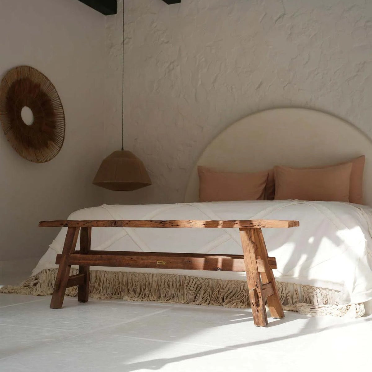The Beauteous Rustic Wood Bench - Natural - in a white bedroom - Flo & Joe