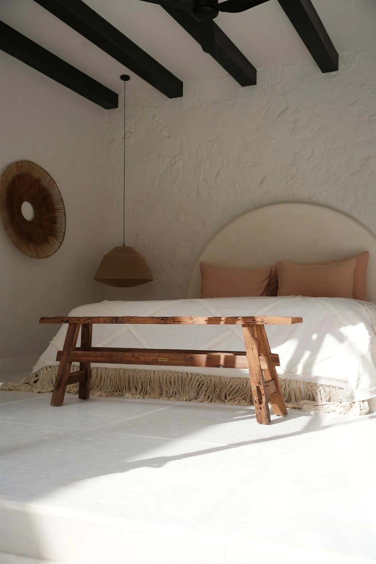 The Beauteous Rustic Wood Bench - Natural - in a white bedroom - Flo & Joe