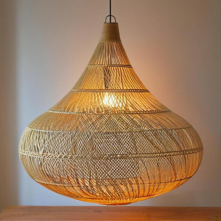 The Drop Natural Rattan Pendant Light - Lit up  M - Flo & Joe 55 x 55 x 60cm 