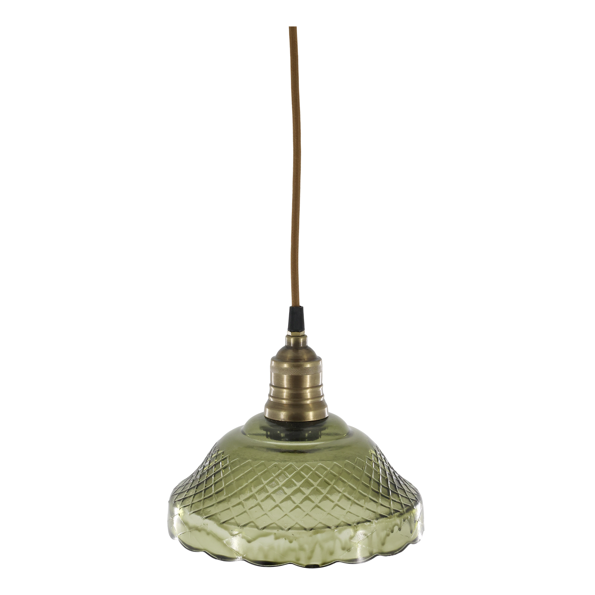 Green glass pendant light with brass fitting on a white background