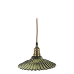 Vintage-style pendant light with green glass shade and brass fixture on a white background