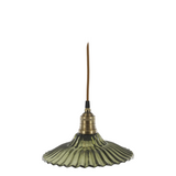 Vintage-style pendant light with green glass shade and brass fixture on a white background