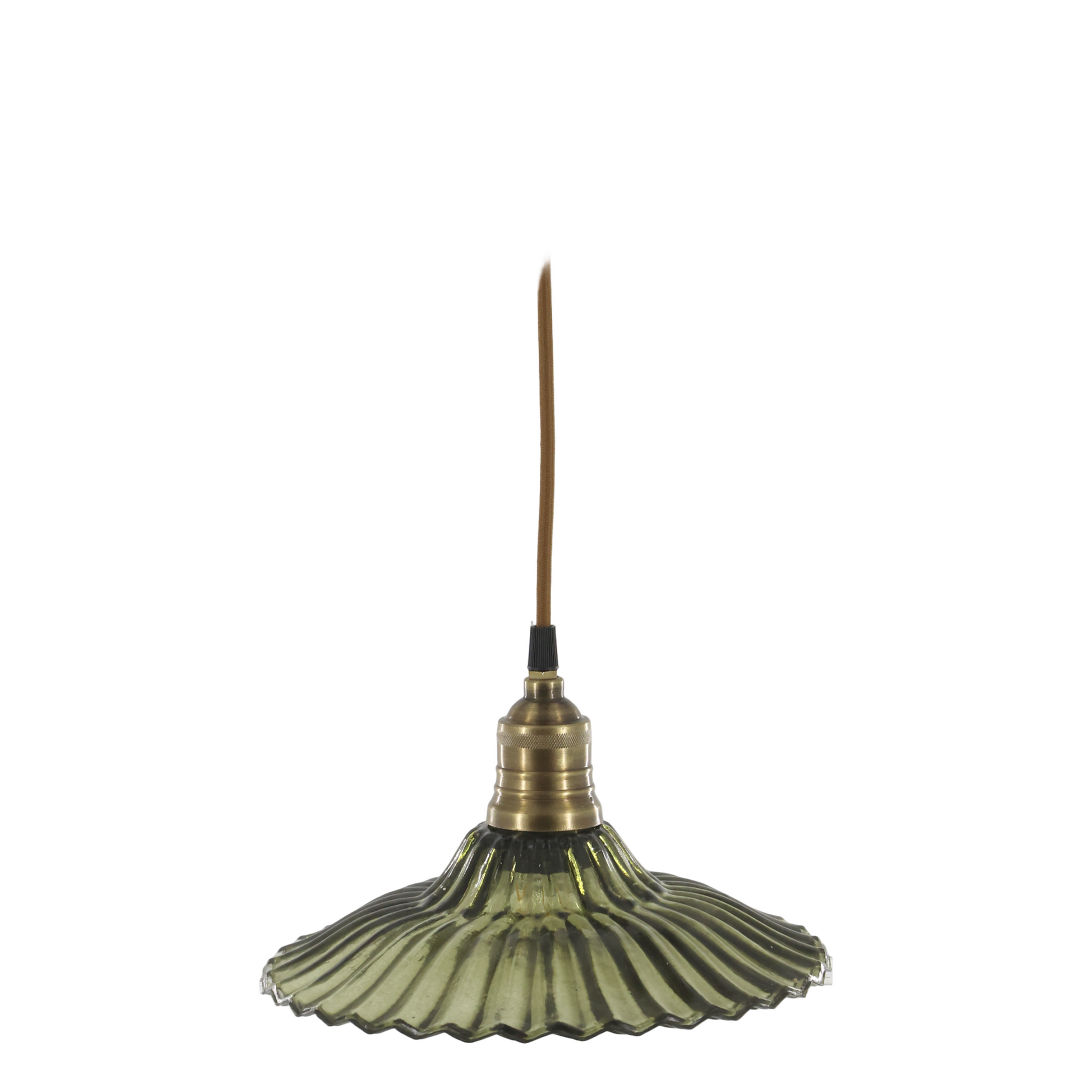 Vintage-style pendant light with green glass shade and brass fixture on a white background