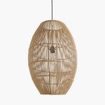 Woven rattan pendant light on a white background