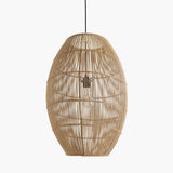 Woven rattan pendant light on a white background
