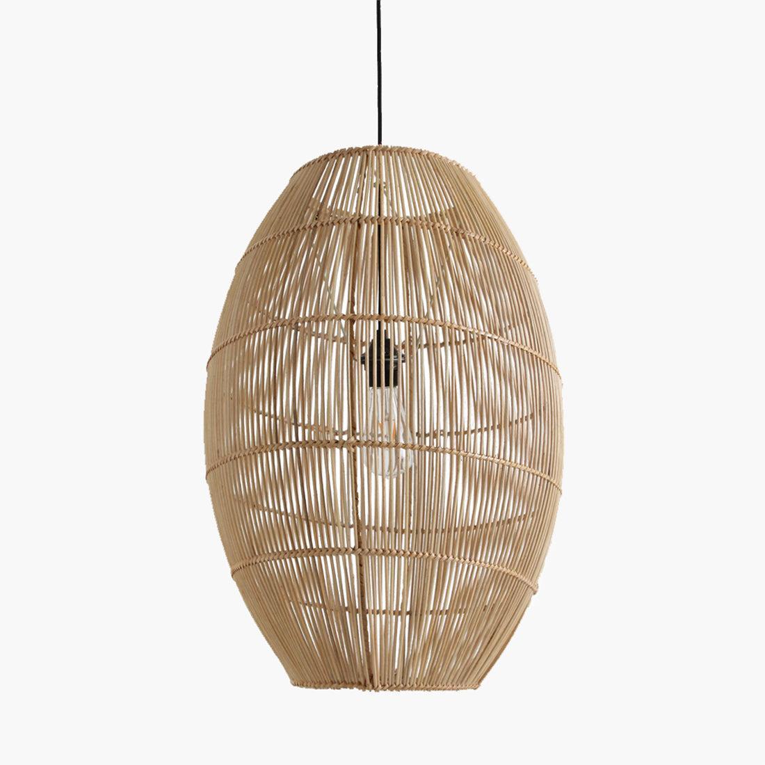 Woven rattan pendant light on a white background
