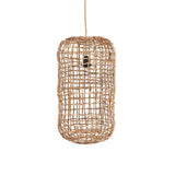 Woven rattan pendant light on a white background