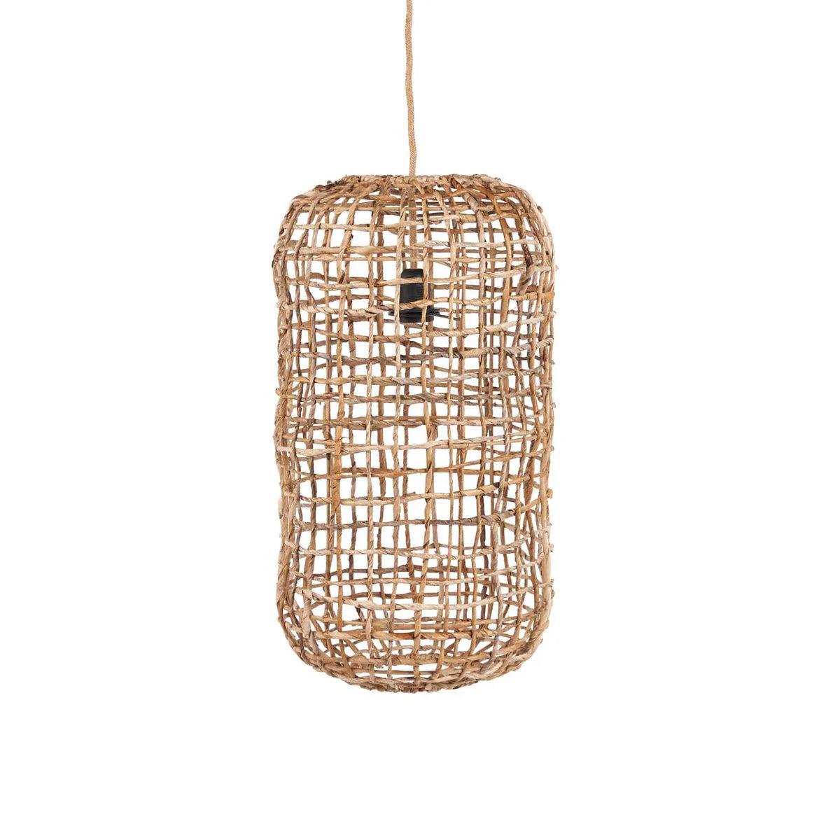 Woven rattan pendant light on a white background