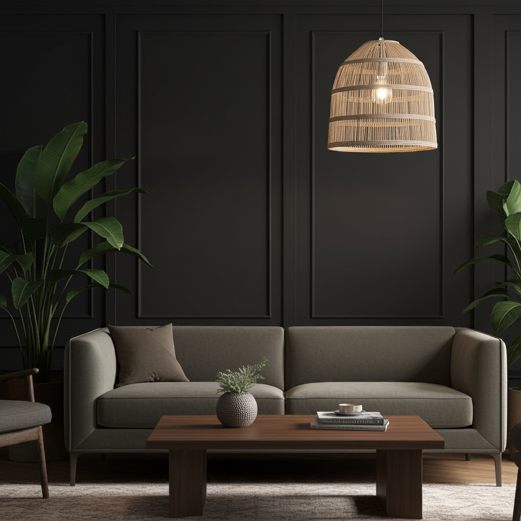 The meno pendant   large rattan light shade in dark painted room