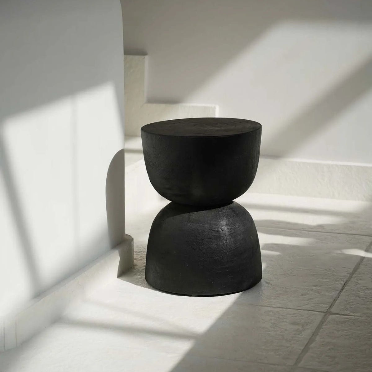 Black Wooden curved Side Table that is also a stool.  Handmade from natural wood