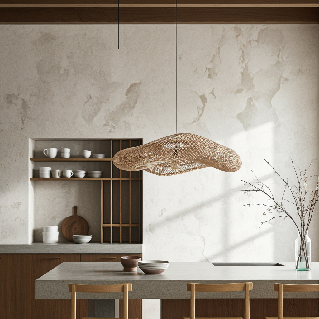 Modern kitchen with  extra large rattan pendant light, wooden shelves, and marble wall.