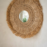 Raffia Woven Large Round Mirror with fringing.  UK based