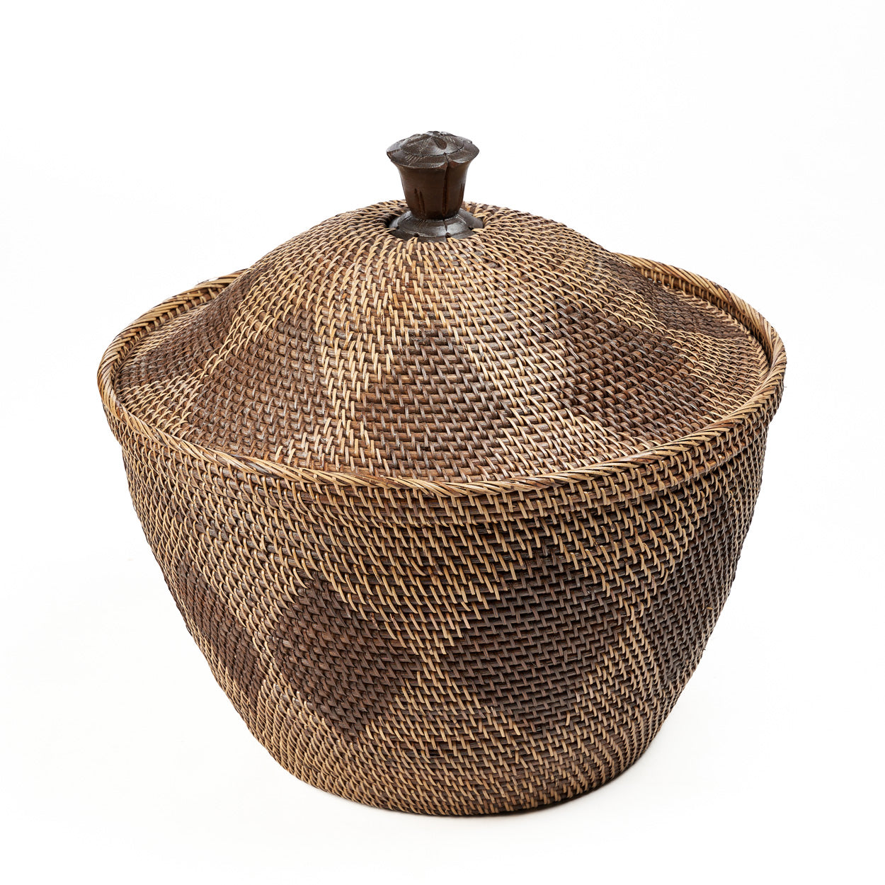 Woven basket with a lid on a white background