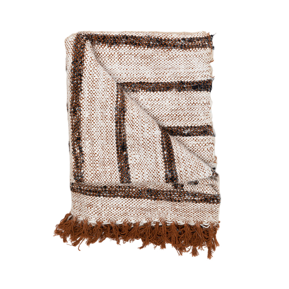 Textile with geometric pattern and fringes on a white background