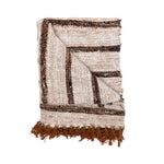 Textile with geometric pattern and fringes on a white background