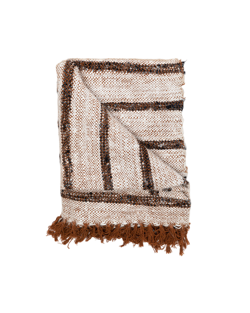 Textile with geometric pattern and fringes on a white background