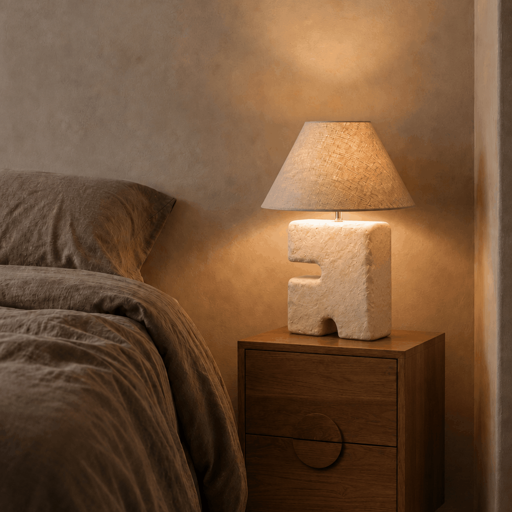 Bedside table with white and linen textured lamp on a wooden nightstand next to a bed.