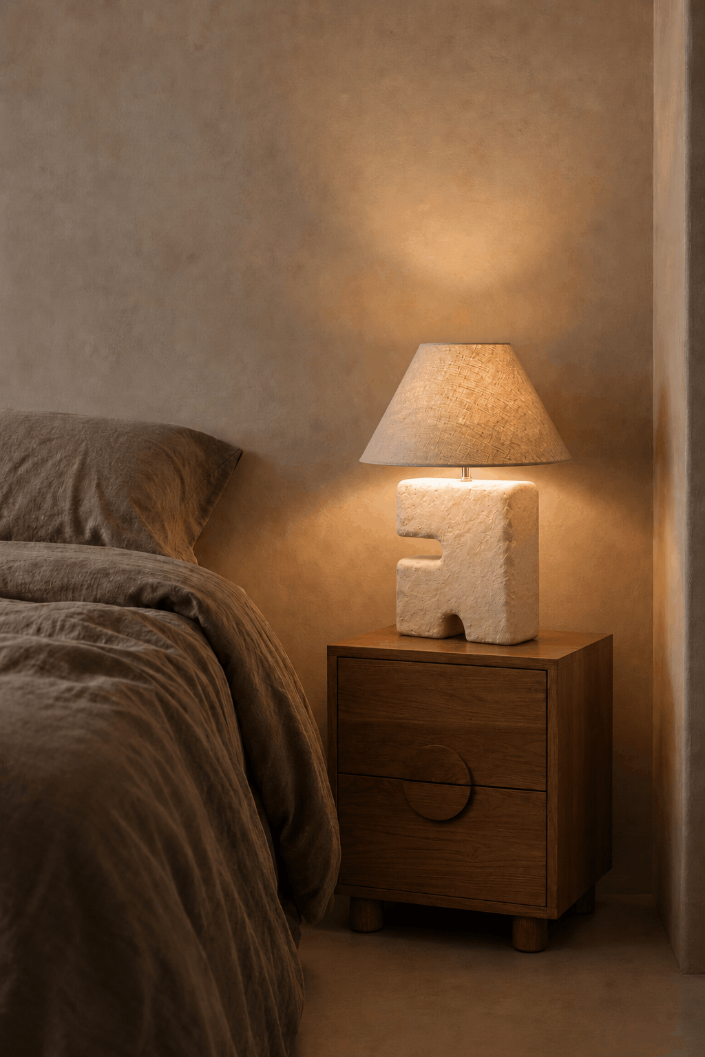Bedside table with white and linen textured lamp on a wooden nightstand next to a bed.