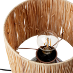 Rattan lampshade with a light bulb inside on a white background