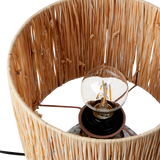 Rattan lampshade with a light bulb inside on a white background