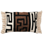 rectangle tassel block print cushion cover with geometric pattern on a white background