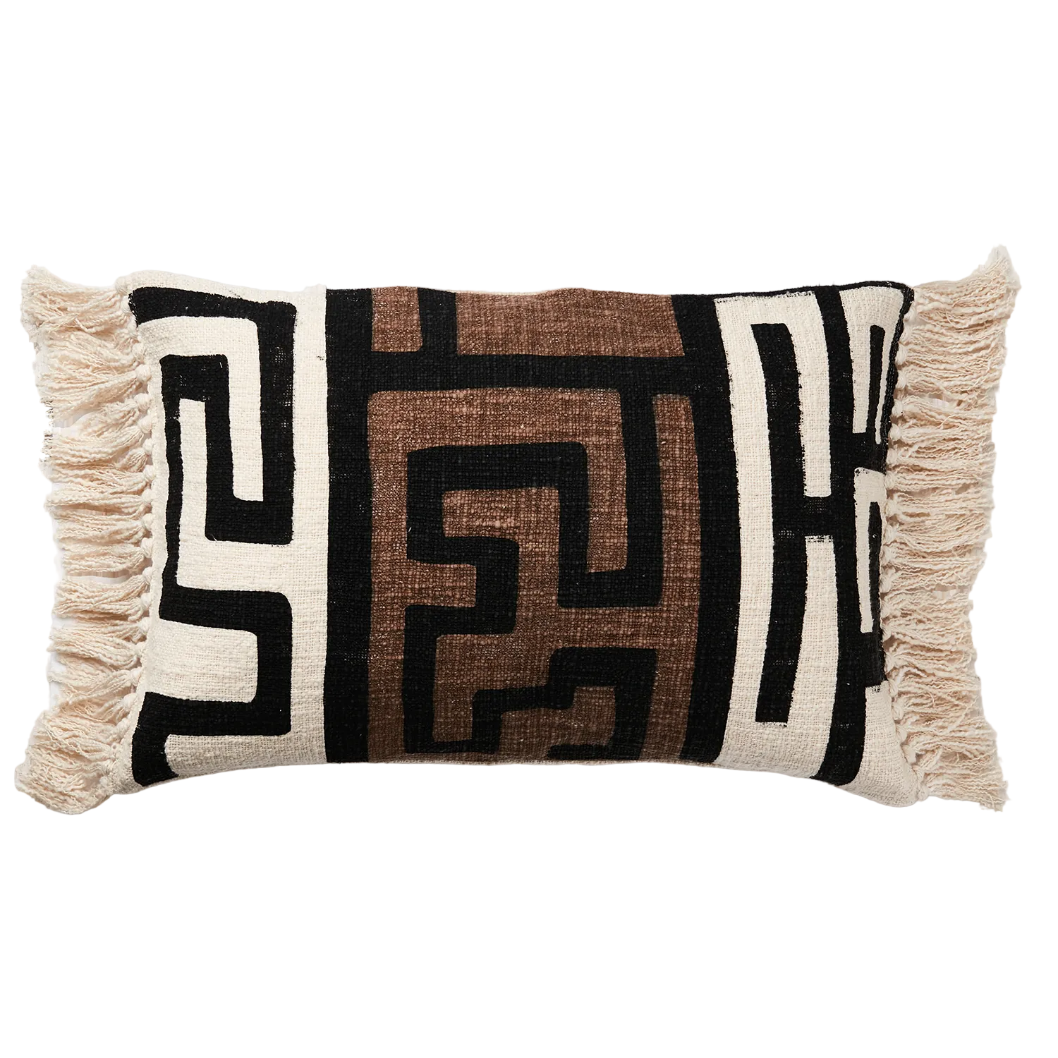 rectangle tassel block print cushion cover with geometric pattern on a white background