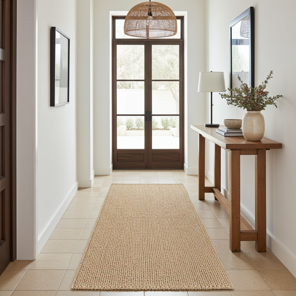 Entryway with a woven sisal rug, wooden bench, rattan pendant light shade and large mirror.