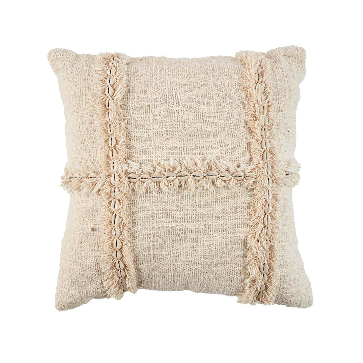 Beige pillow with decorative shell pattern on a white background