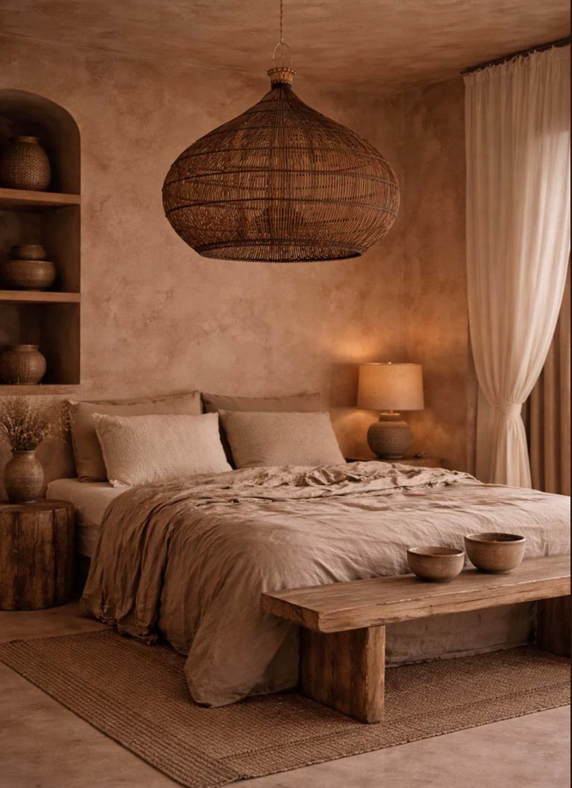 bedroom with rustic decor, including a woven rattan pendant light, wooden bench, and neutral bedding.