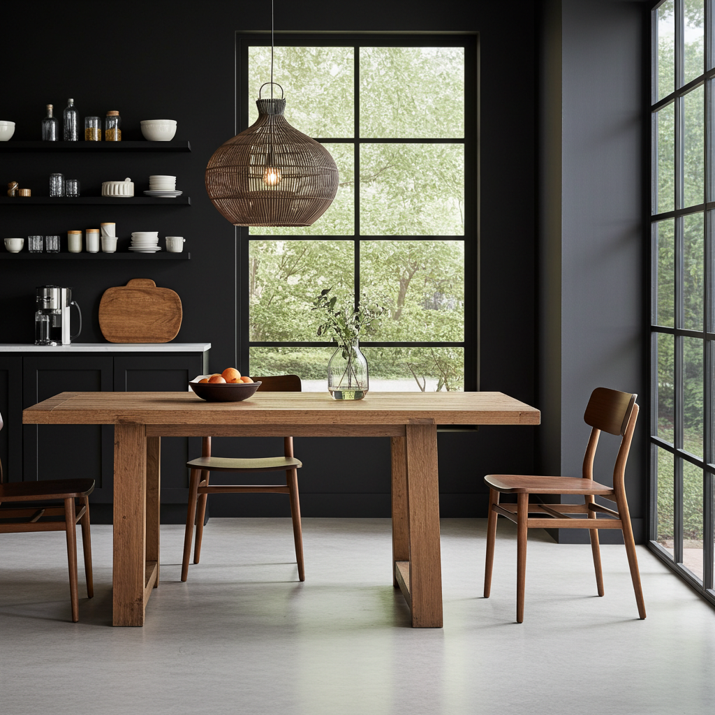 Rattan pendant ;ight shade modern dining room with wooden table and chairs, black walls, and large windows.
